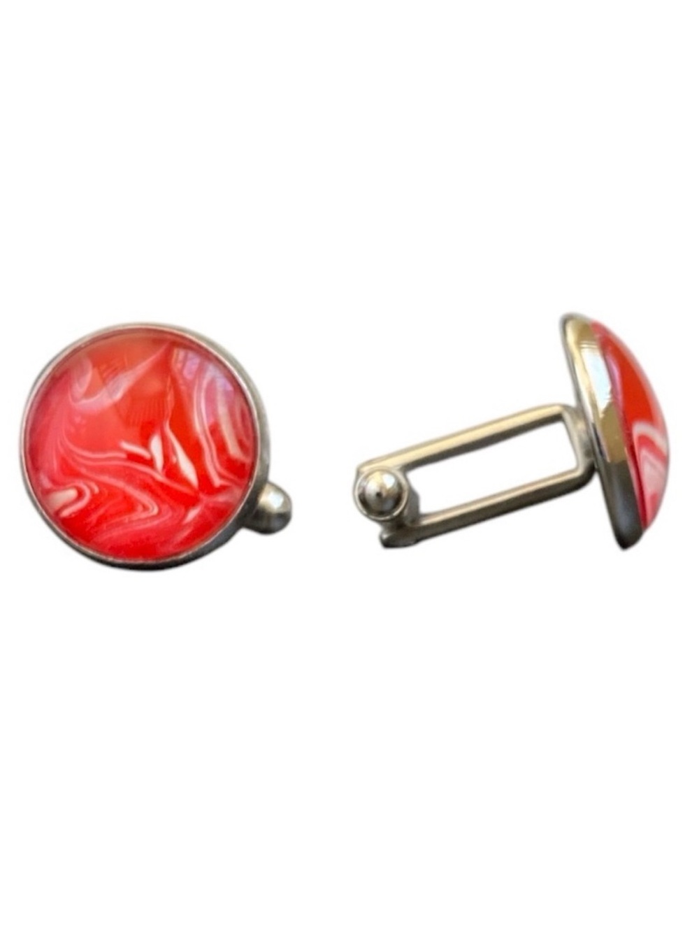 Hand Crafted Fluid Art Cuff Links by Svetlana Yeung in Red Silver and White